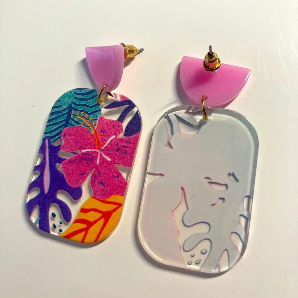🌟 Acrylic Flower Hibiscus Tropical Transparent Square Earrings Palm Leaf - Picture 4 of 4